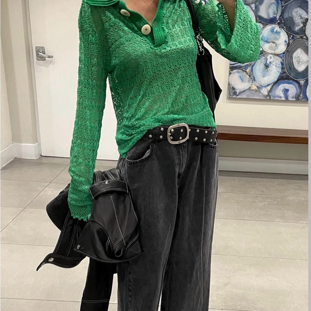 Eliou Green Lace Top with Crochet Collar